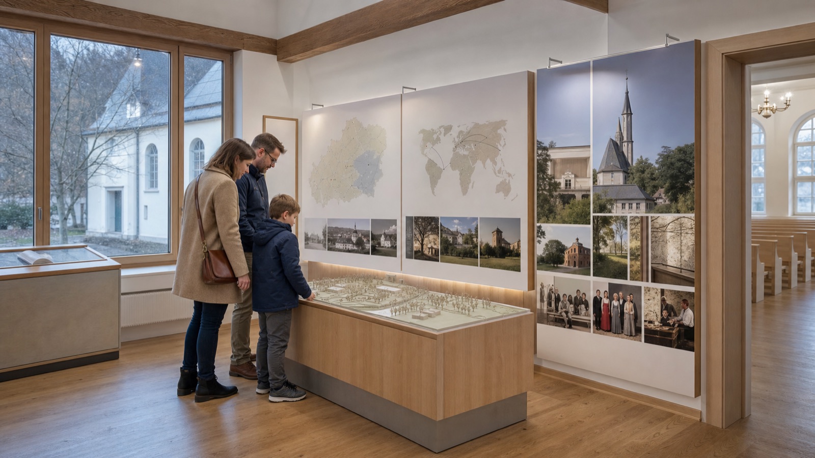 Visualisierungskonzept einer Familie an einem Tastmodell im Welterbe-Infopunkt neben dem Kirchensaal