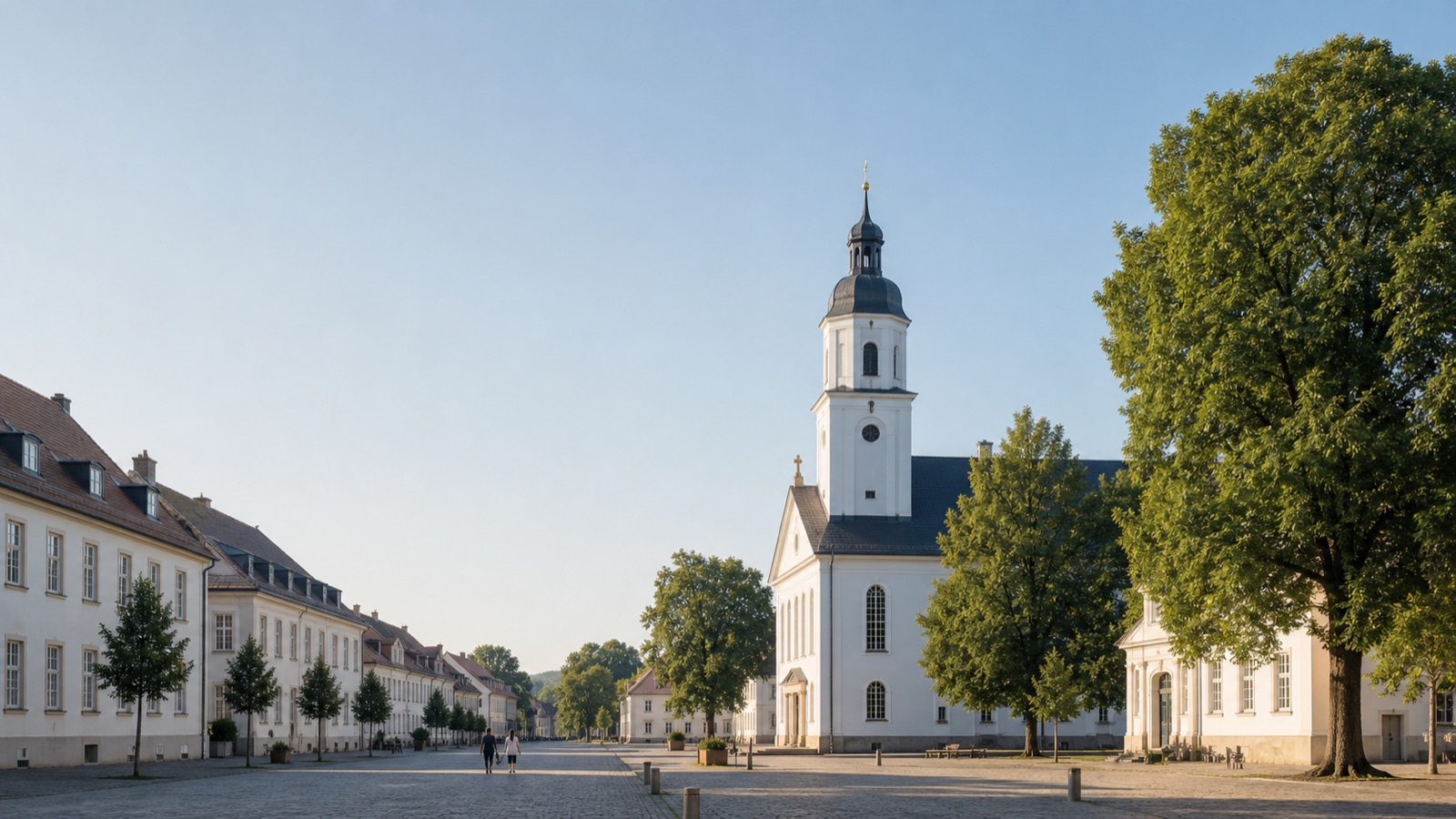 Visualisierungskonzept: Blick über den langgestreckten Zinzendorfplatz auf den weißen Kirchensaal in Herrnhut