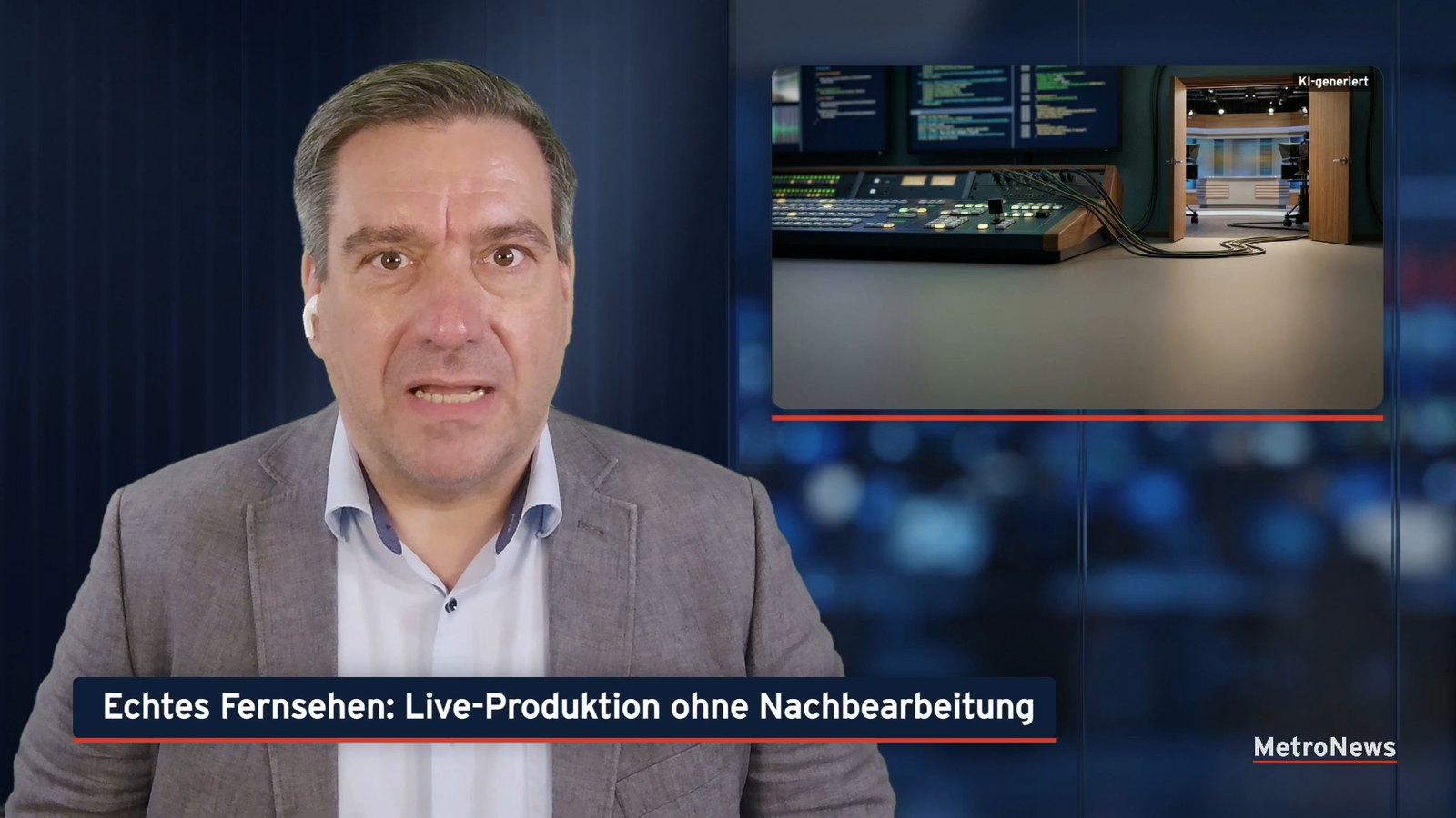 Ralph Kühnl moderiert die Demo-Sendung MetroNews, eingeblendet: Echtes Fernsehen, Live-Produktion ohne Nachbearbeitung