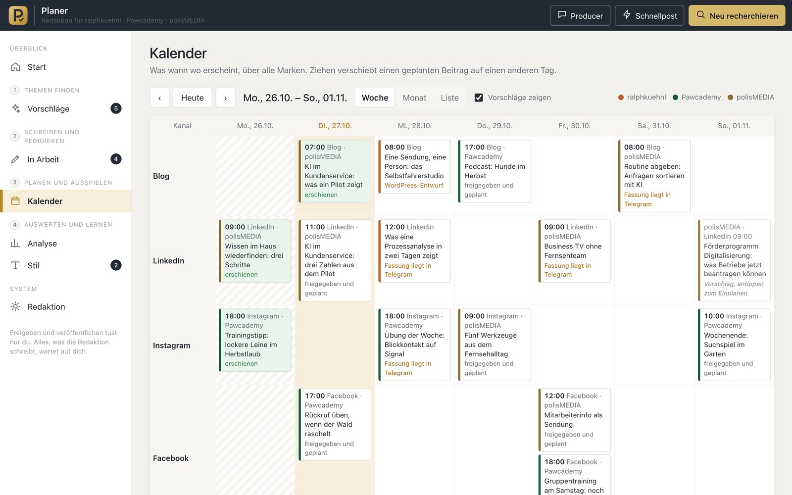 Wochenkalender des Social-Media-Planers mit erfundenen Beiträgen für Blog, LinkedIn, Instagram und Facebook über drei Marken