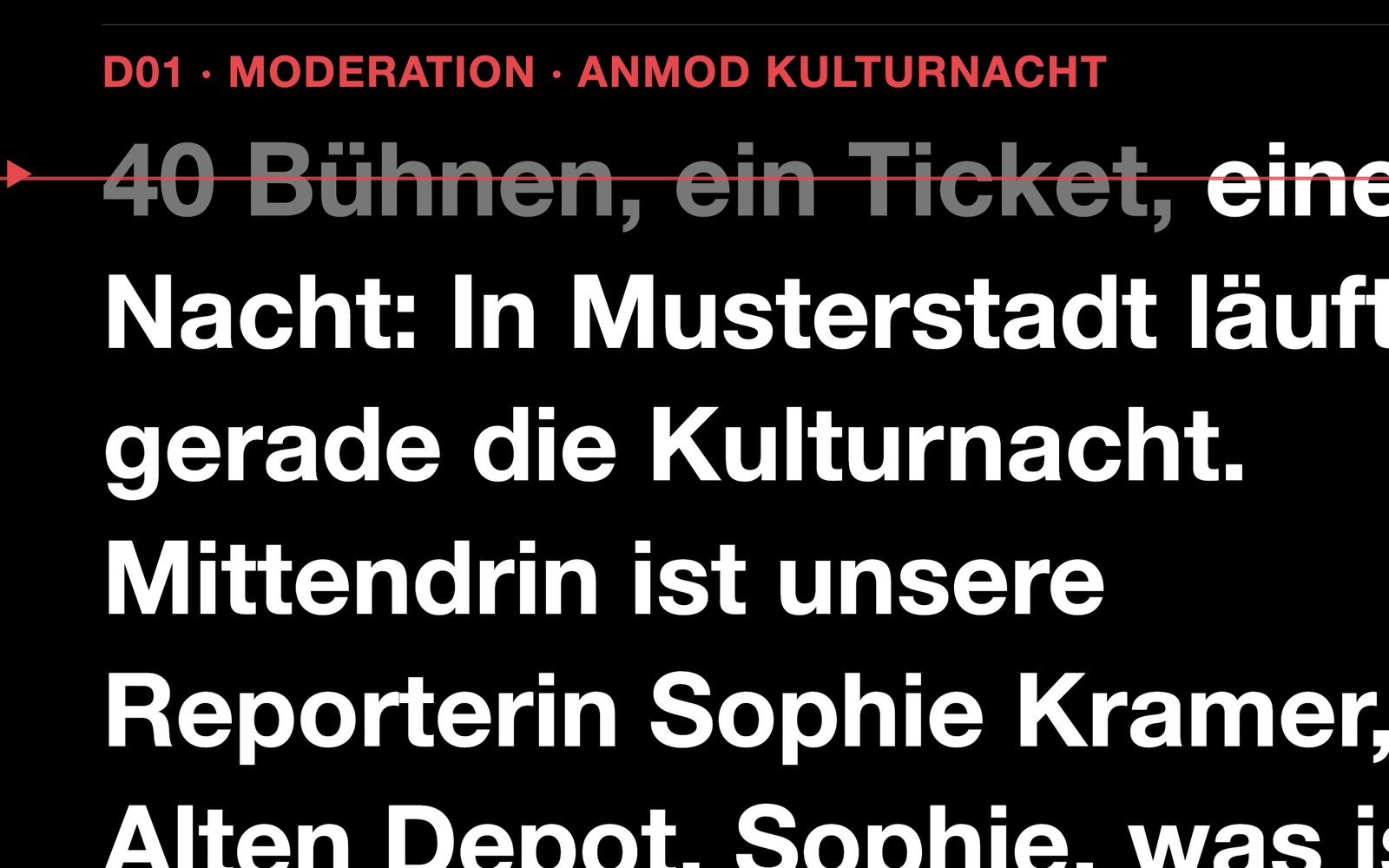Teleprompter-Ansicht mit großer weißer Schrift auf Schwarz und roter Leselinie