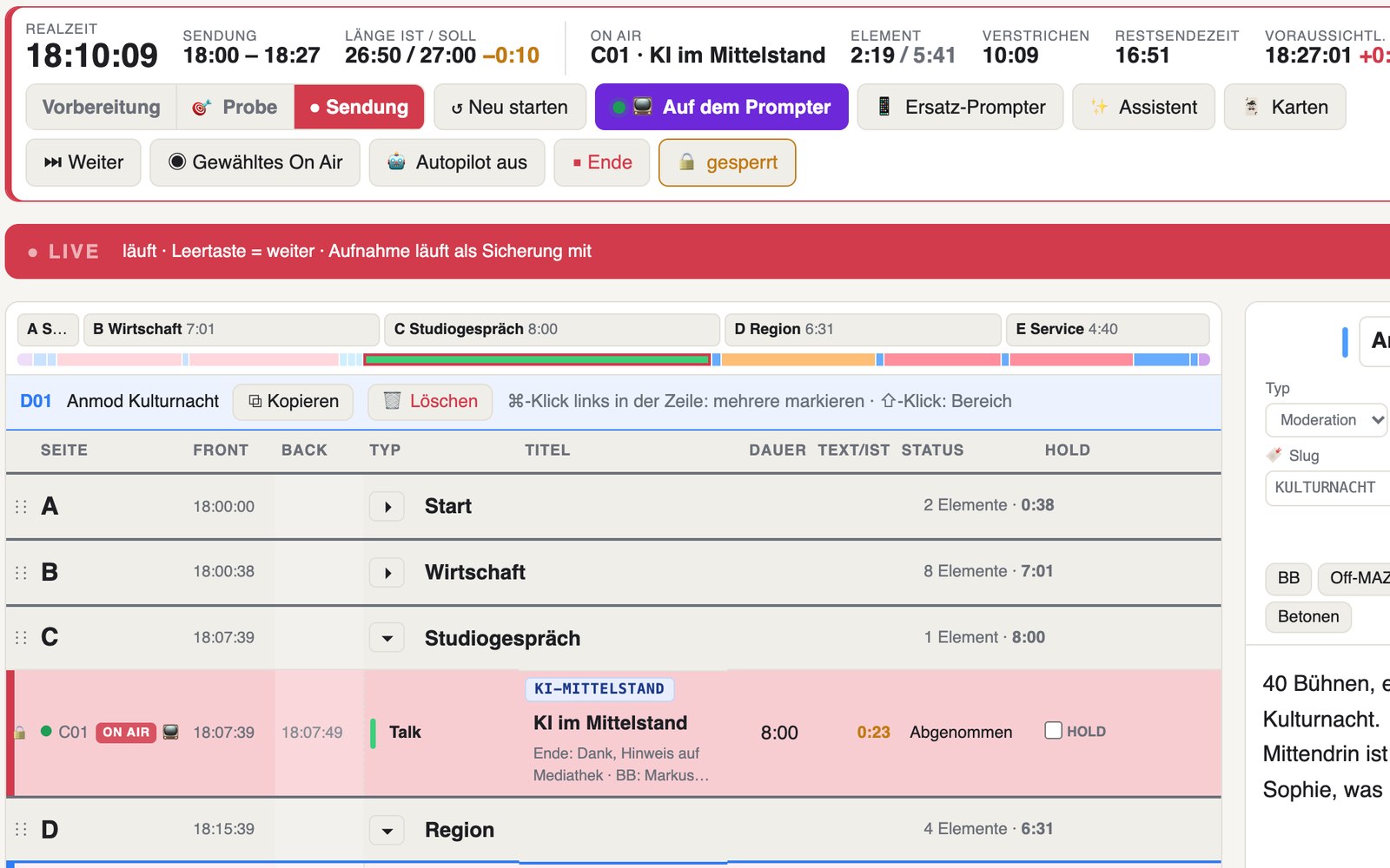 Sendeablauf der erfundenen Sendung MetroNews während der Live-Sendung: oben die Sendeuhr, darunter der Beitrag auf Sendung und der nächste