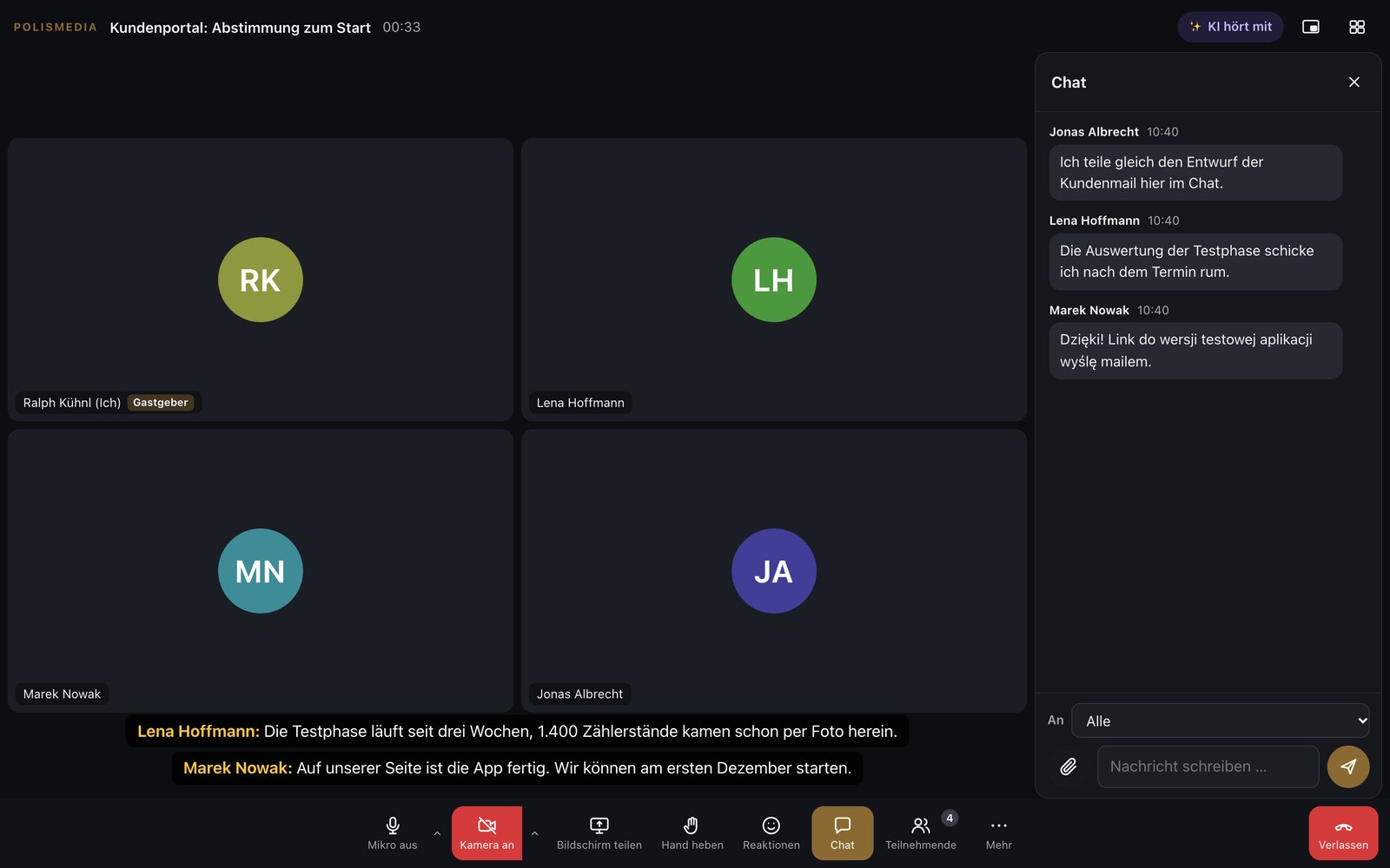 Videokonferenz im Treffpunkt mit vier erfundenen Teilnehmenden, Live-Untertiteln und Chat