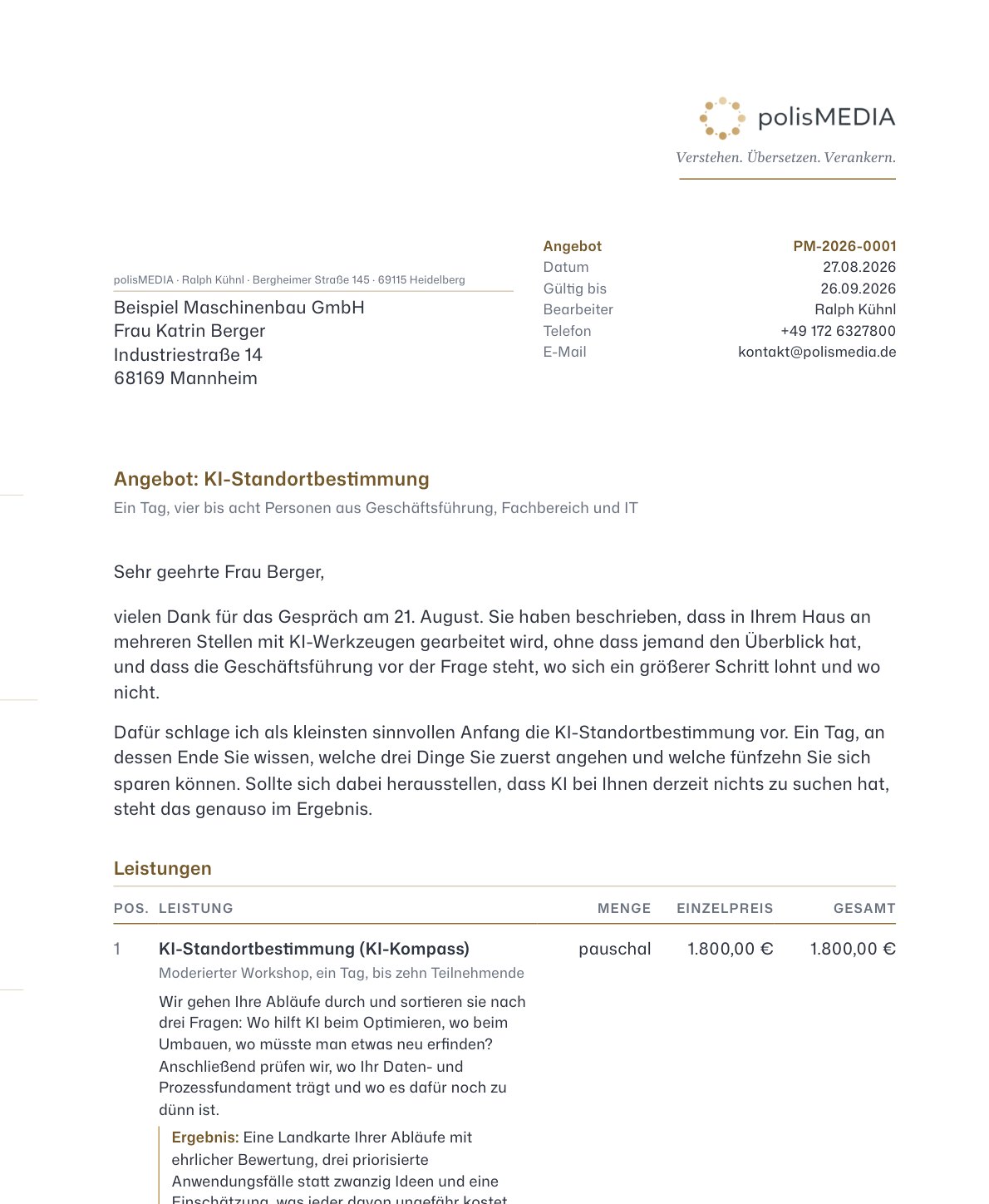 Ein Angebot aus dem CRM für einen Beispielkunden