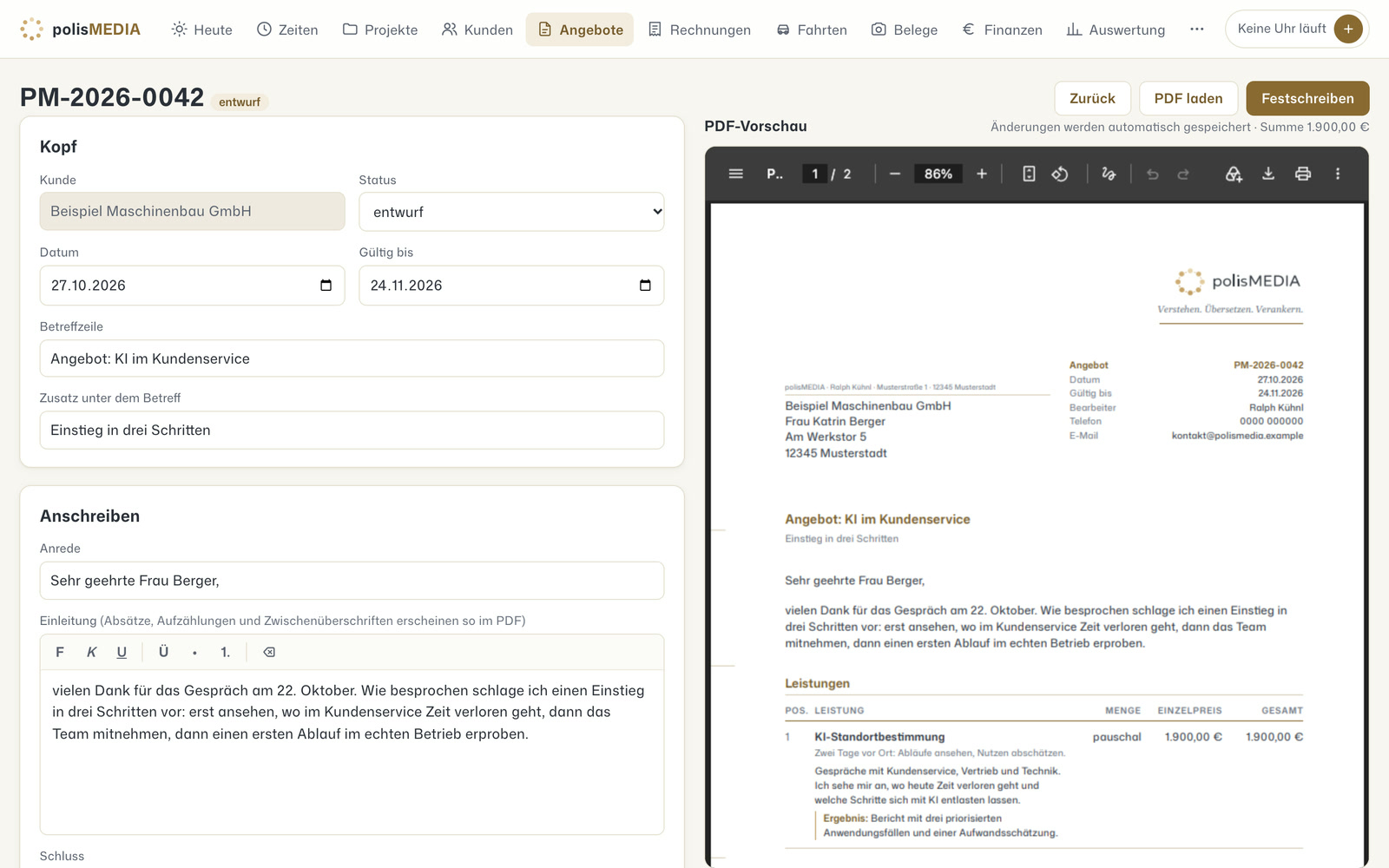 Angebotseditor mit Kopfdaten und Anschreiben an Katrin Berger, Beispiel Maschinenbau GmbH, rechts das Angebot als PDF mit Briefkopf (erfundenes Beispiel, Absenderangaben als Platzhalter)