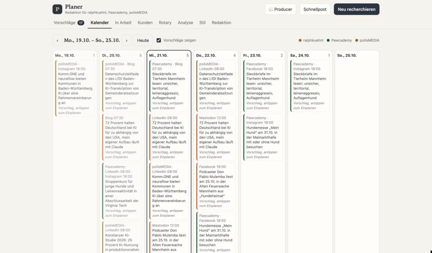 Der Wochenkalender der KI-Redaktion mit Beiträgen für drei Marken