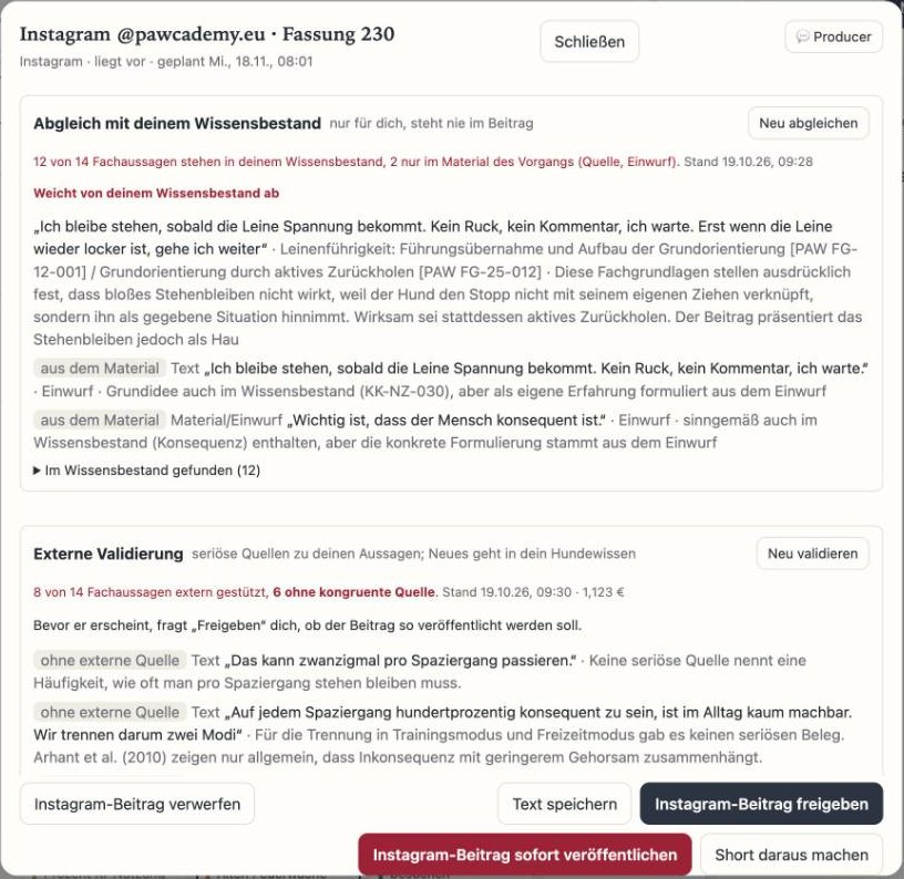 Review of a post before approval: for each statement, the AI shows whether it is backed by your own documents and by external sources