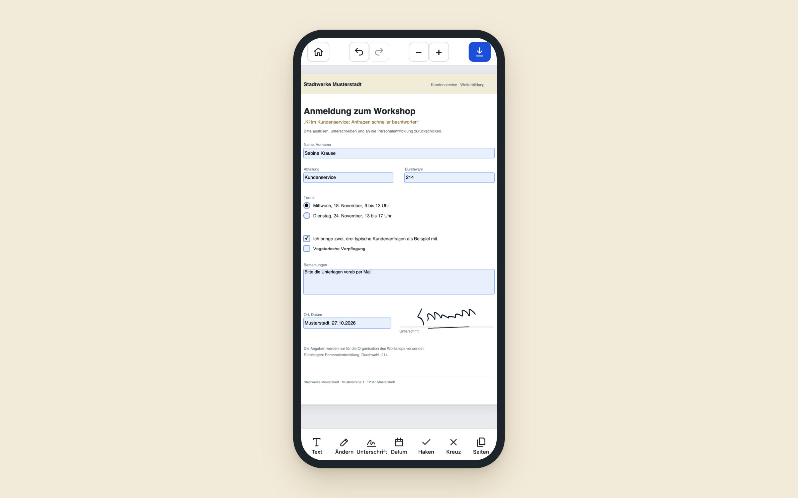 Phone with the PDF app: registration form for a workshop, fields filled in, date and check marks set, signature on the line (fictional example)