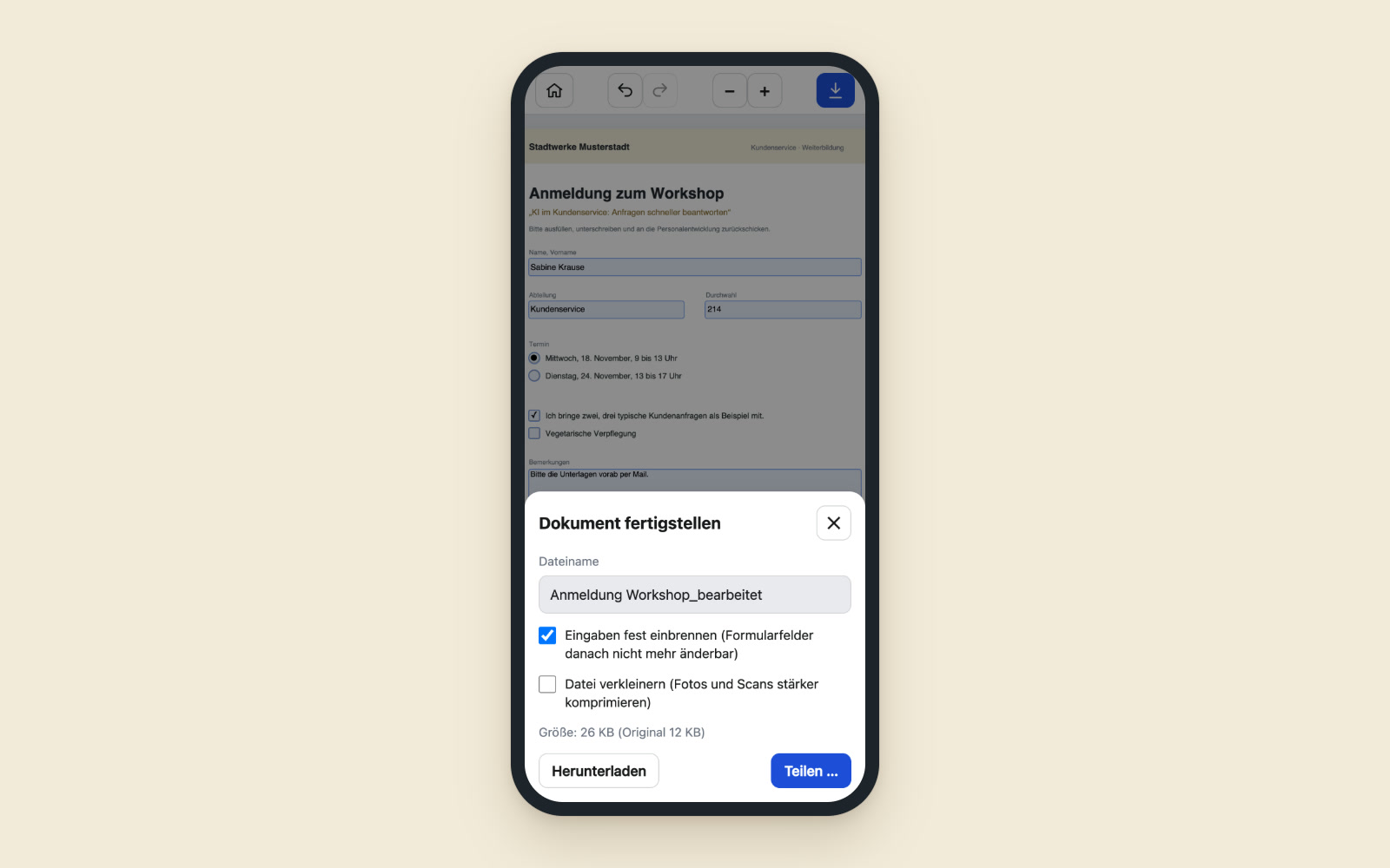 Phone with the window for finishing the document: file name, options to write the entries permanently into the document and to reduce the file size, buttons to download and share (fictional example)