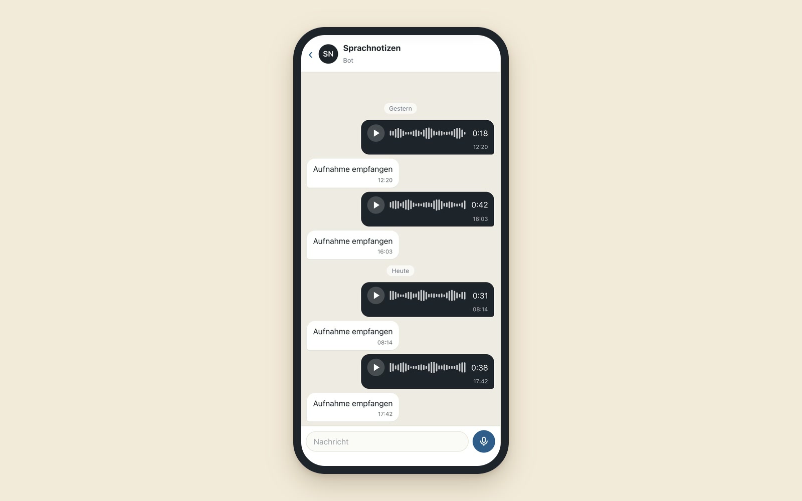 Messenger chat on a phone: a 38-second voice message, below it the reply “Recording received” (fictional example).