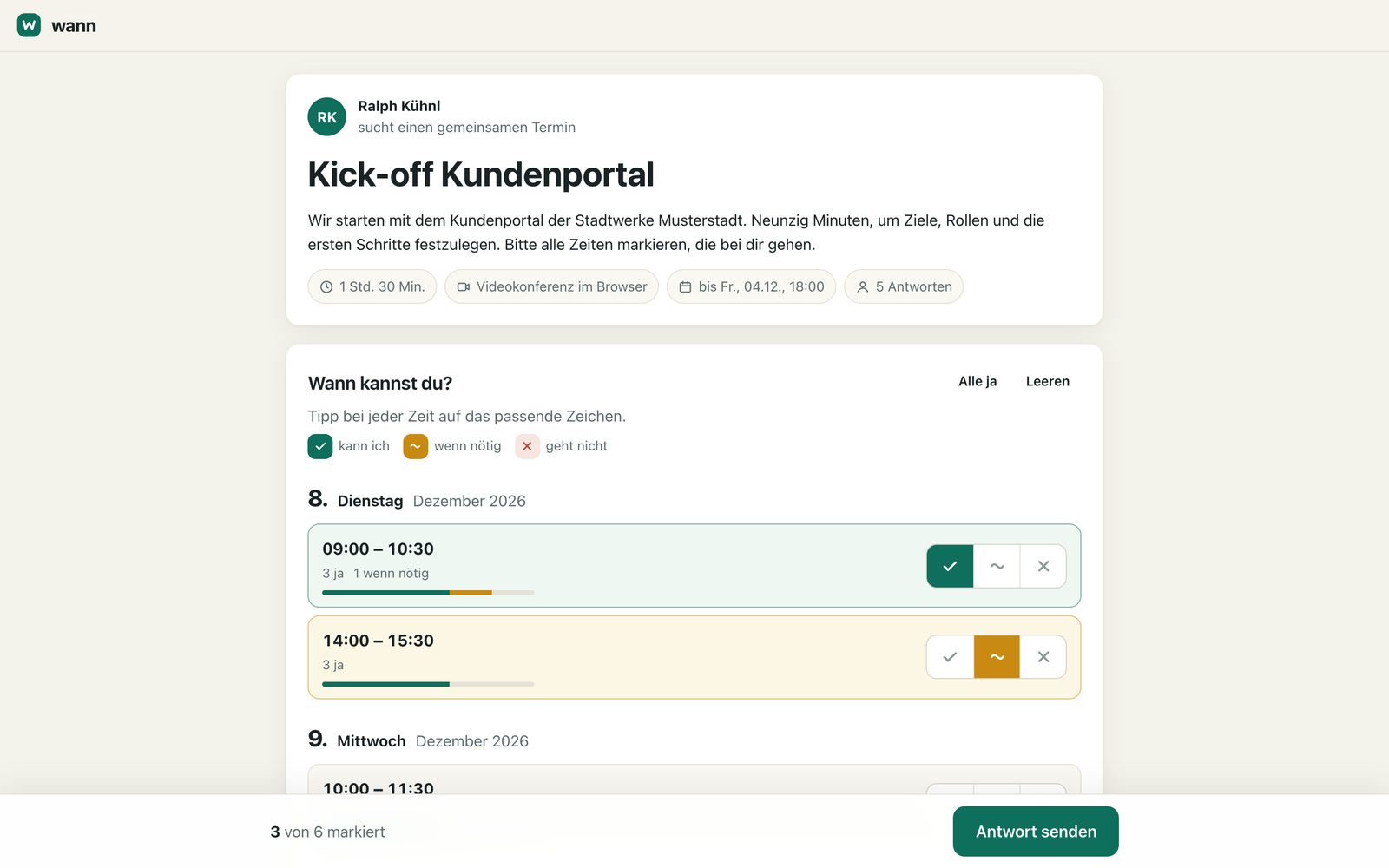 Gruppenabstimmung „Kick-off Kundenportal“ mit sechs Terminvorschlägen und den Antworten von fünf Personen (erfundenes Beispiel)