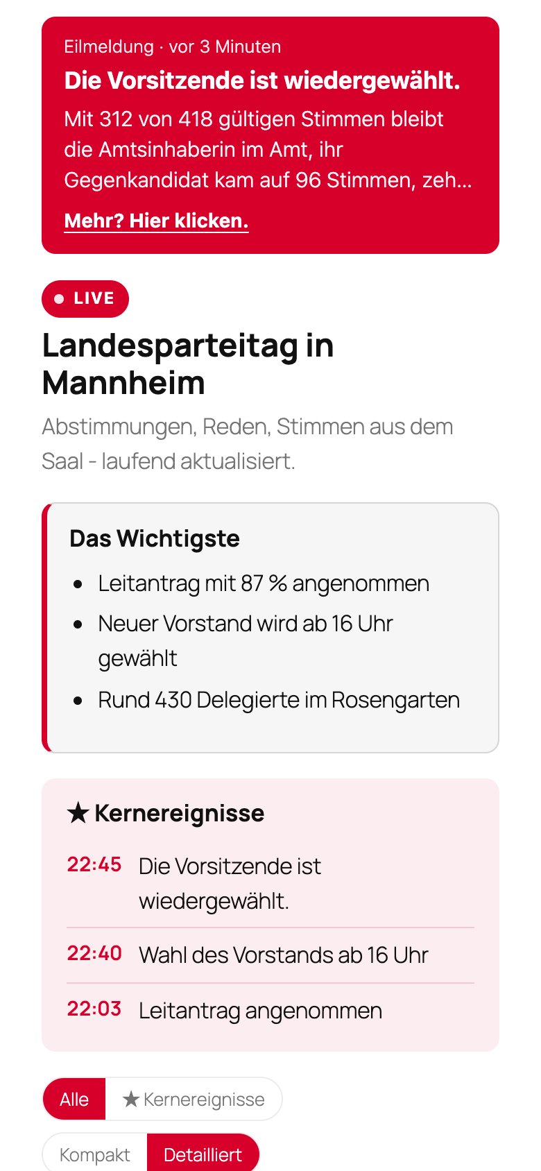 Die Lesersicht eines Liveblogs mit Eilmeldung und Zusammenfassung