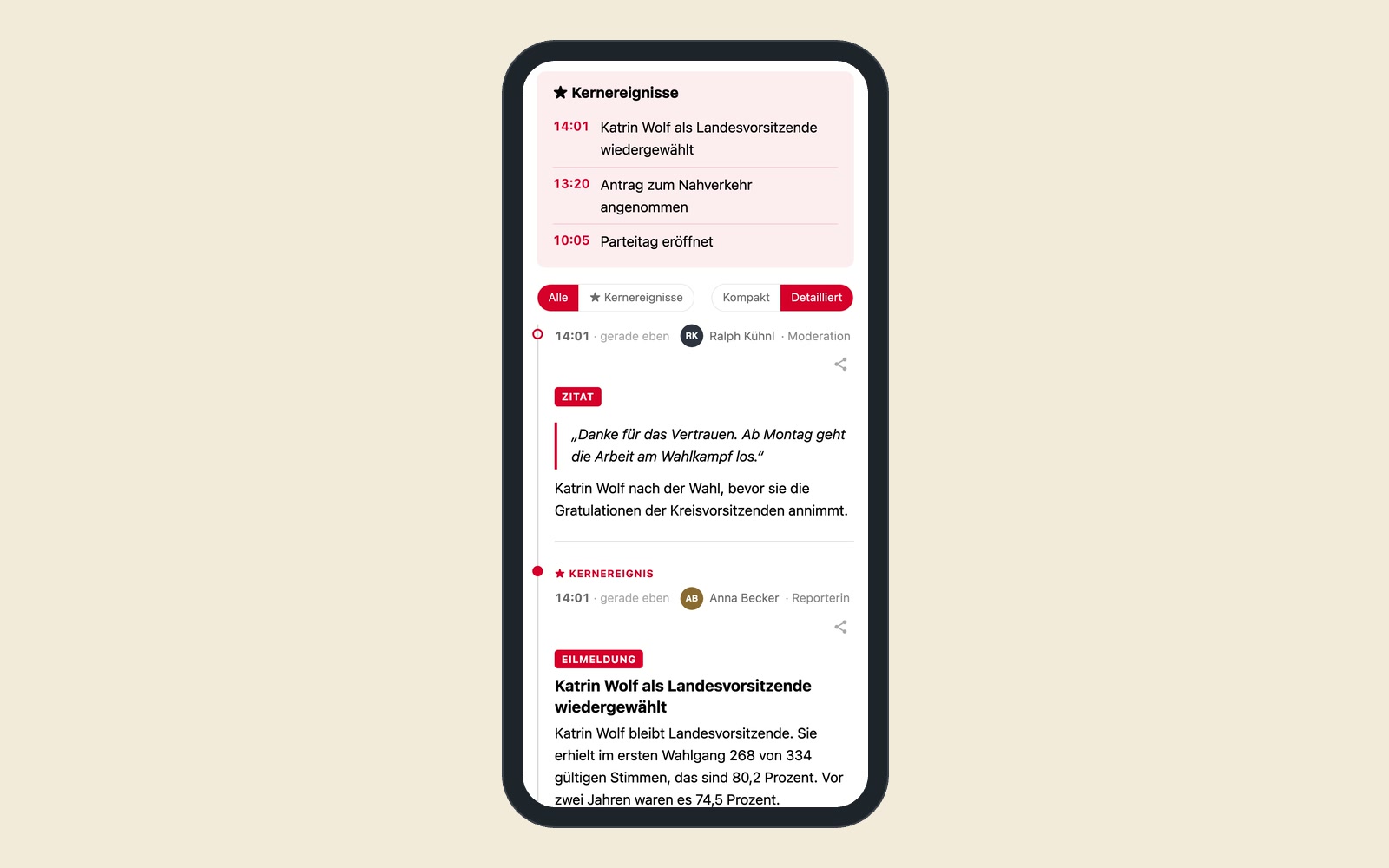 Derselbe Liveblog auf dem Handy: Kernereignisse mit Uhrzeiten, die Umschalter „Alle / Kernereignisse“ und „Kompakt / Detailliert“, darunter die neuesten Einträge mit Uhrzeit, „gerade eben“, Autorin oder Autor mit Initialen und den Etiketten „Zitat“ und „Eilmeldung“. Mit Beispielinhalten.